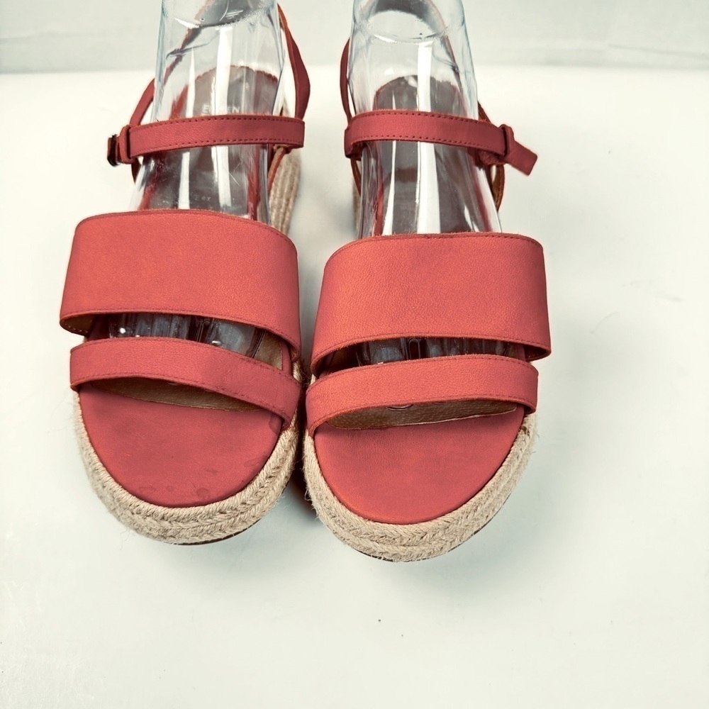 Eileen Fisher Devi Red Orange Tumbled Leather Espadrille Strappy Wedge Sandals